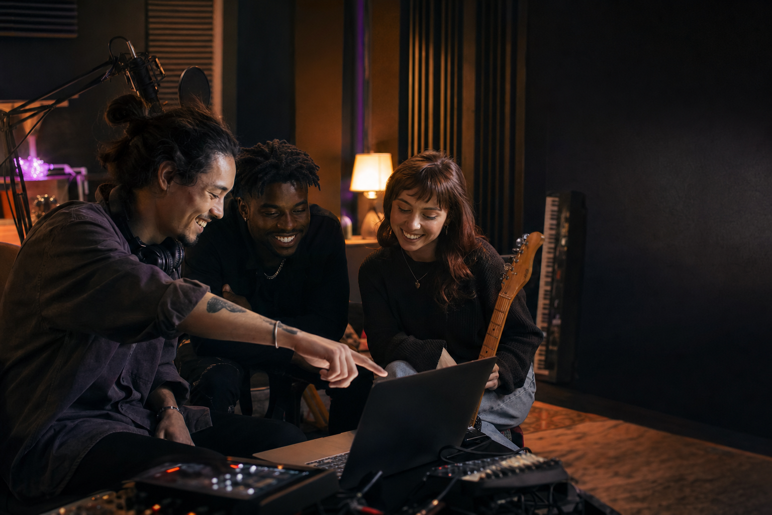 Músicos compartiendo un proyecto desde su estudio
