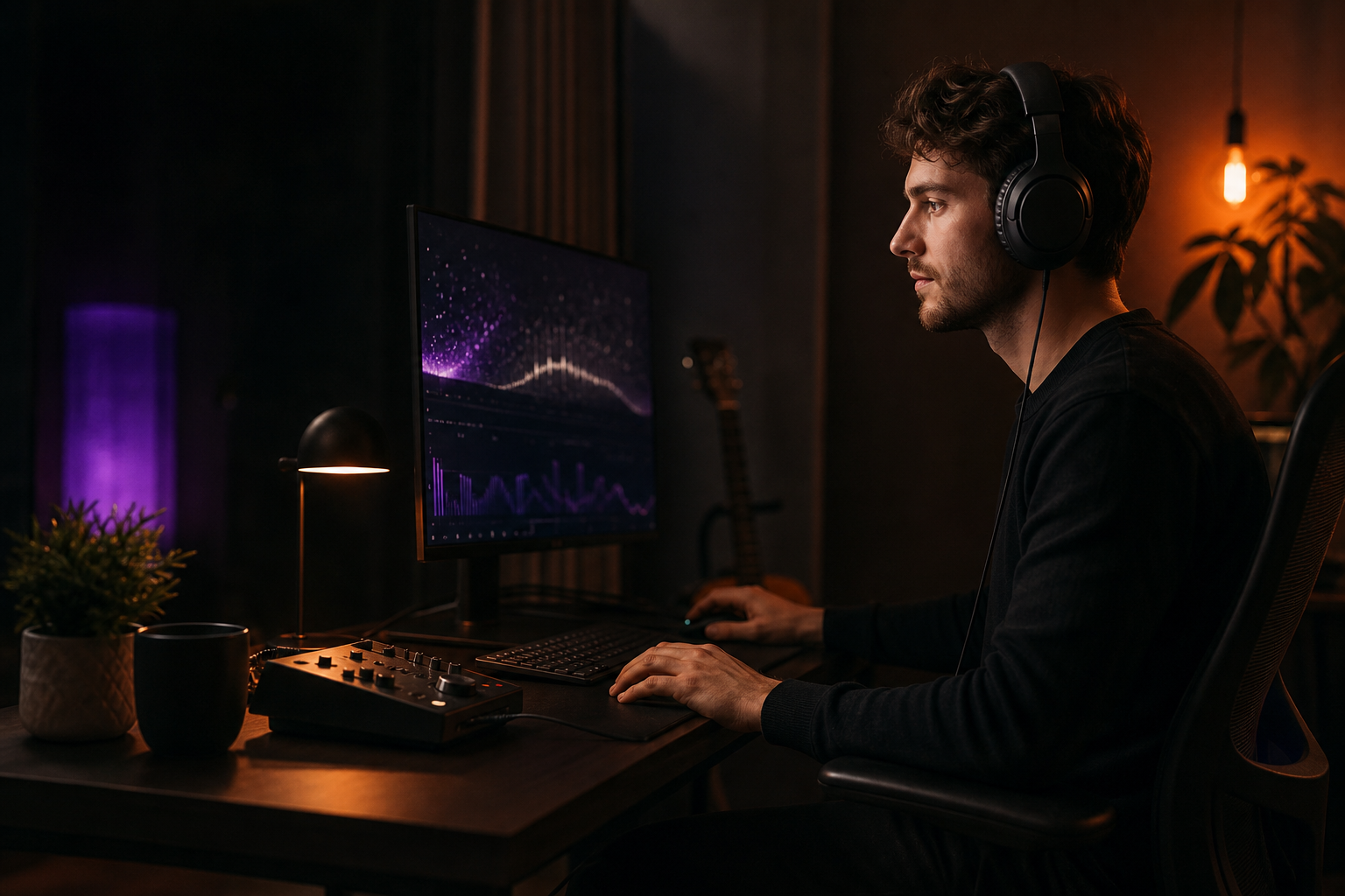 Una persona trabajando en su computadora mientras escucha música