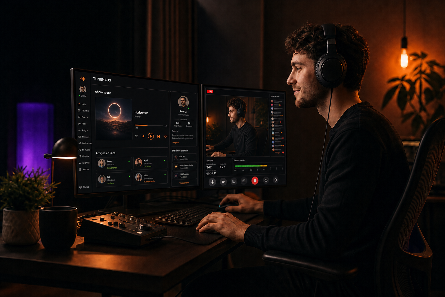 Una persona usando Tunehaus mientras realiza una transmisión en vivo frente a dos monitores