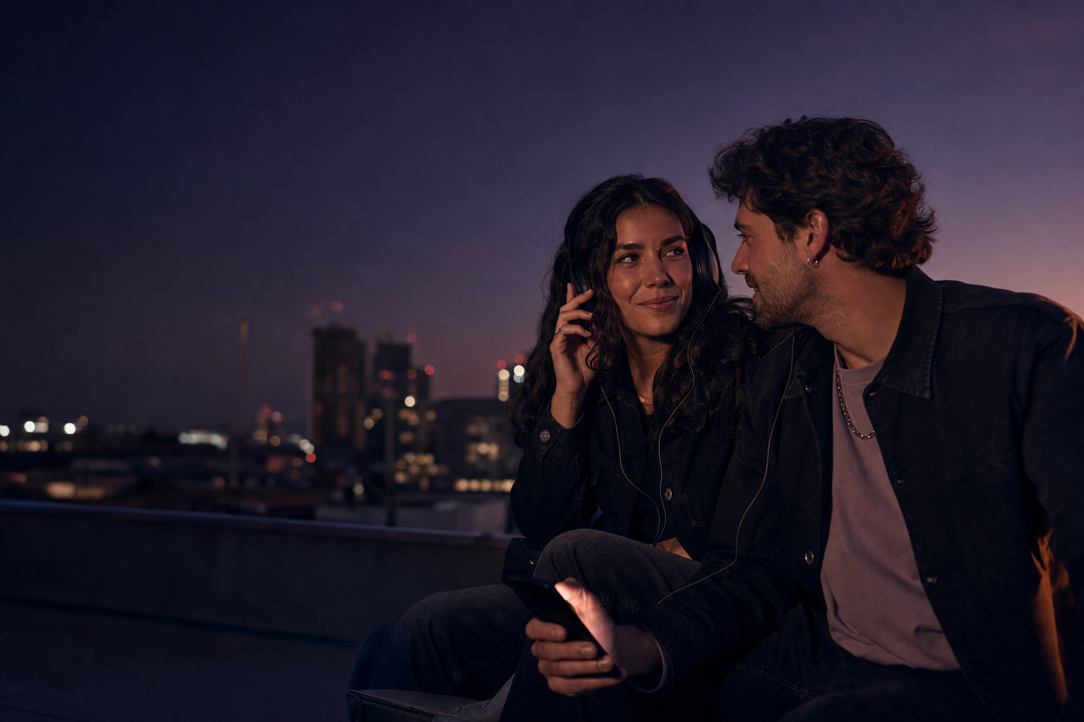 Dos personas conectando mientras comparten música al atardecer